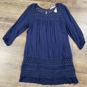 Solitaire Midi Dress Women L Blue 3/4 Sleeve Crochet Lined Boho Rayon Keyhole